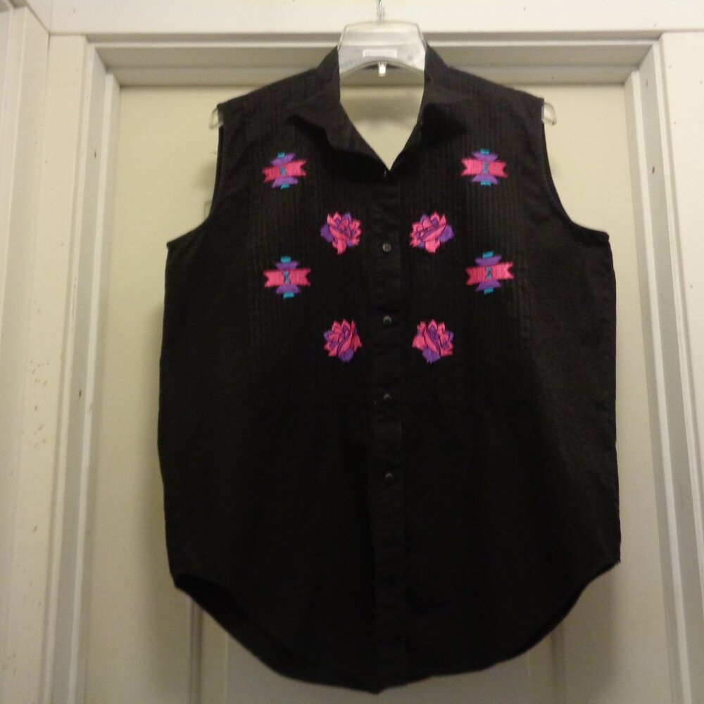 COWGIRL SOUTHWEST APPLIQUED TUXEDO SLEEVELESS BLOUSE L BY SIDE SADDLE